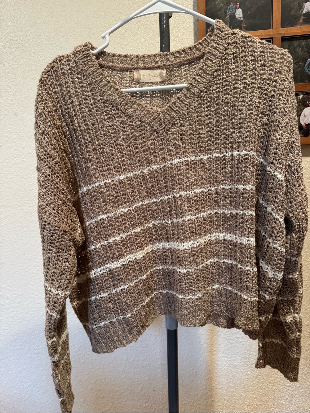 Altar'd State Brown V-Neck Sweater with Cream Stripe Detail